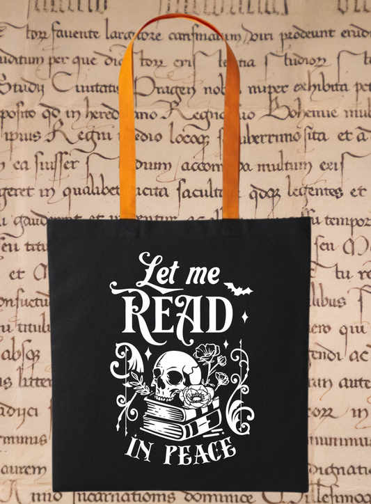 Let Me Read in Peace Tote Bag – Gothic Book Tote with Skull Design – Bookish Gift for Readers – Dark Academia Eco Cotton Bag – Black & Orange Handles