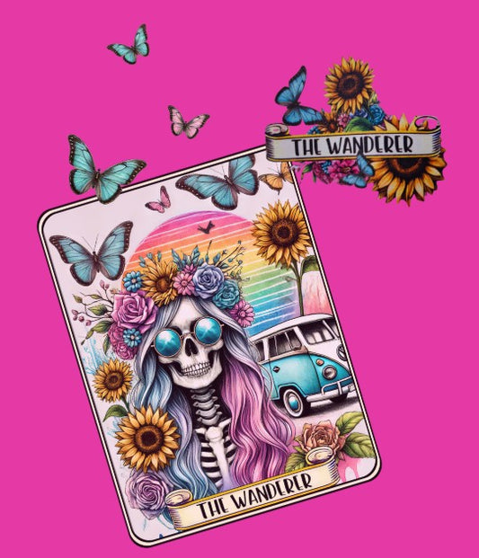 The Wanderer | 100% Softstyle Cotton T-shirt | Boho Skeleton & Van Tarot Art