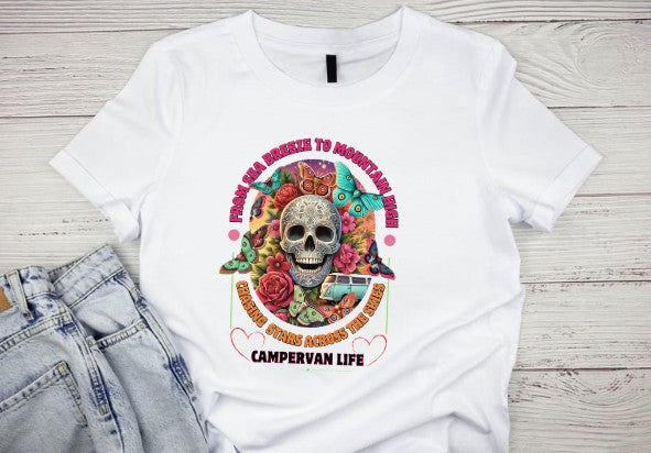 Campervan Life T-Shirt – Gothic Boho Skull & Butterflies T-shirt – Van life T-shirt for Travelers –– Festival Hippie Vibe