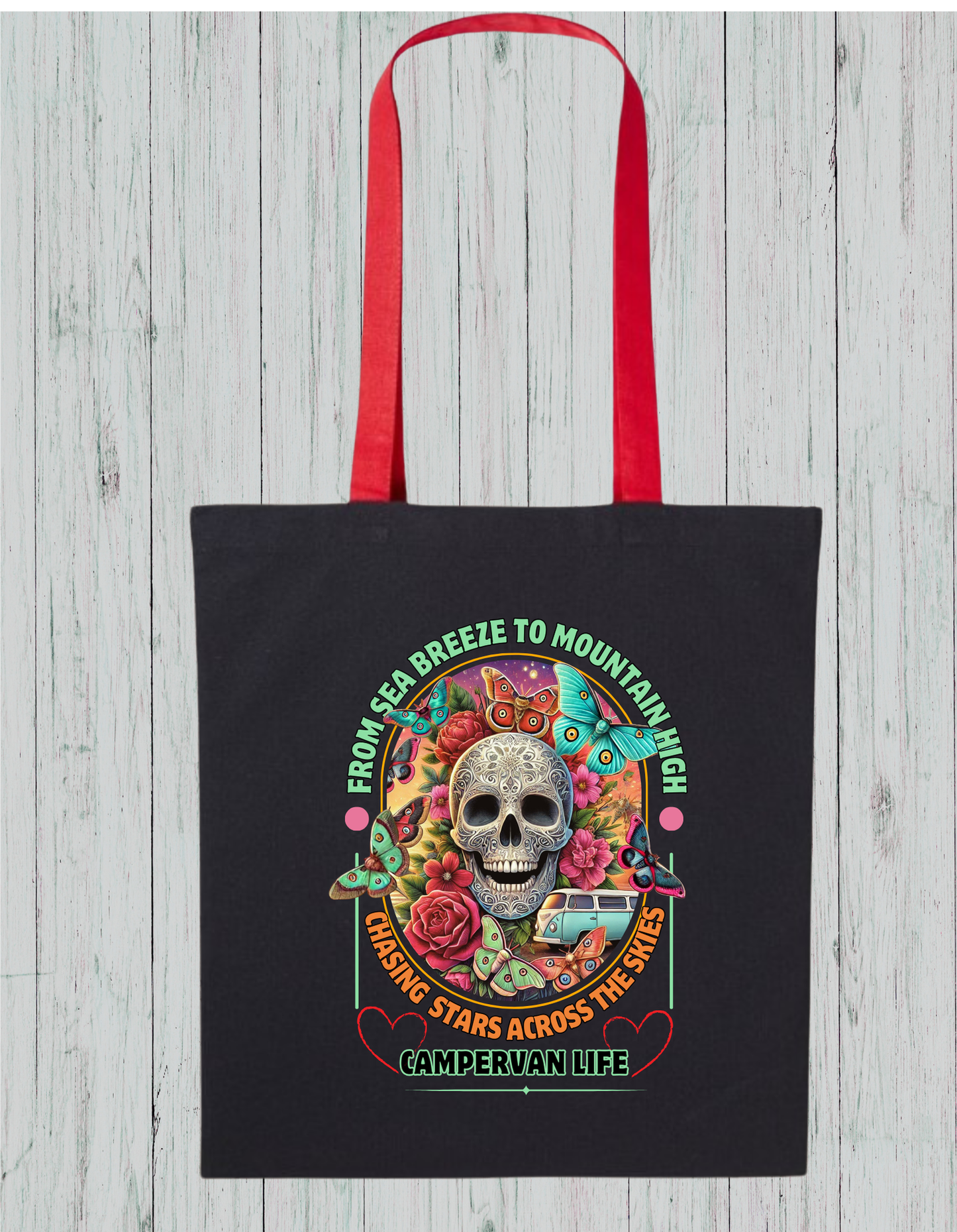 Campervan Life Tote Bag – Gothic Boho Skull & Butterflies Eco Bag – Van life Gift for Travelers – 100% Cotton – Festival Hippie Vibe
