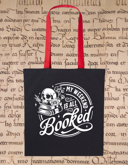 "My Weekend Is All Booked" Tote Bag – Gothic Dark Academia Bookish Skull Floral Tote – Eco-Friendly Cotton Book Lover Gift – Black with Red Handles
