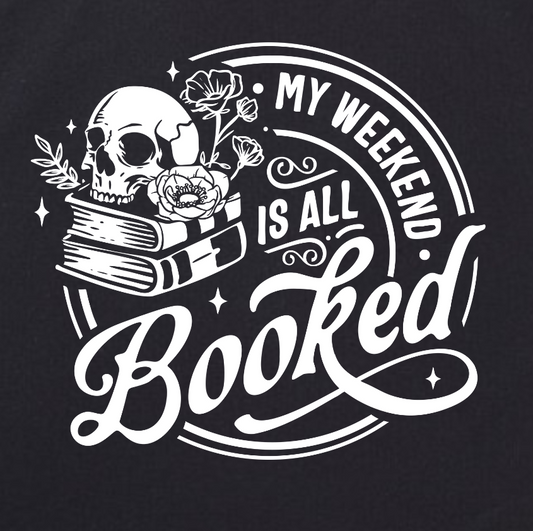 "My Weekend Is All Booked" Tote Bag – Gothic Dark Academia Bookish Skull Floral Tote – Eco-Friendly Cotton Book Lover Gift – Black with Orange Handles