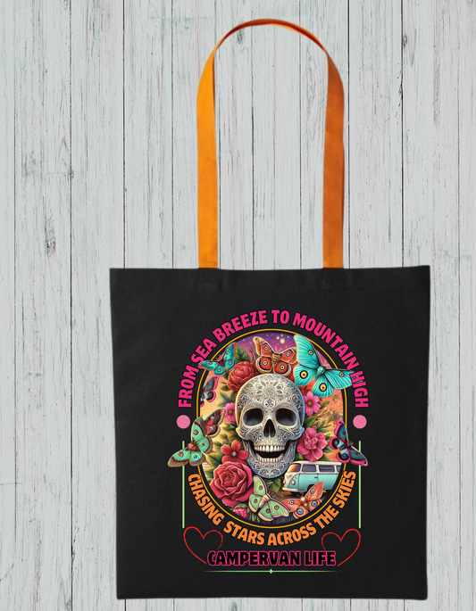 Campervan Life Tote Bag – Gothic Boho Skull & Butterflies Eco Bag – Van life Gift for Travelers – 100% Cotton – Festival Hippie Vibe