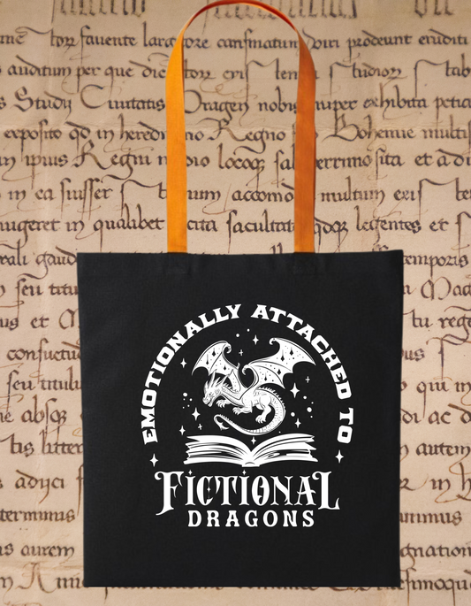 Emotionally Attached to Fictional Dragons Tote Bag – Fantasy Book Lover Gift – Dragon Reading Tote – Eco Book Bag – Cotton Bookish Tote Black/Red Black/orange