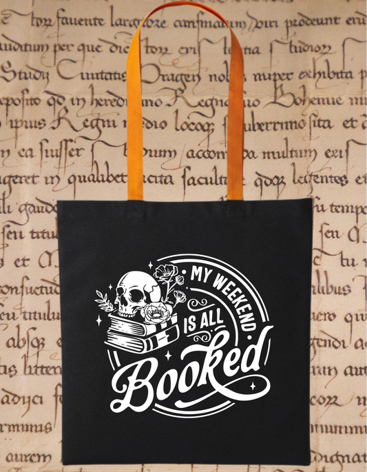 "My Weekend Is All Booked" Tote Bag – Gothic Dark Academia Bookish Skull Floral Tote – Eco-Friendly Cotton Book Lover Gift – Black with Orange Handles