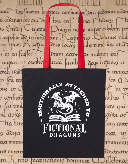 Emotionally Attached to Fictional Dragons Tote Bag – Fantasy Book Lover Gift – Dragon Reading Tote – Eco Book Bag – Cotton Bookish Tote Black/Red