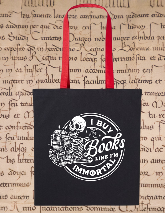 I Buy Books Like I’m Immortal Tote Bag – Gothic Skull Book Bag – Bookish Gift for Readers – Eco Cotton Tote for Book Addicts – Black & Red Handles