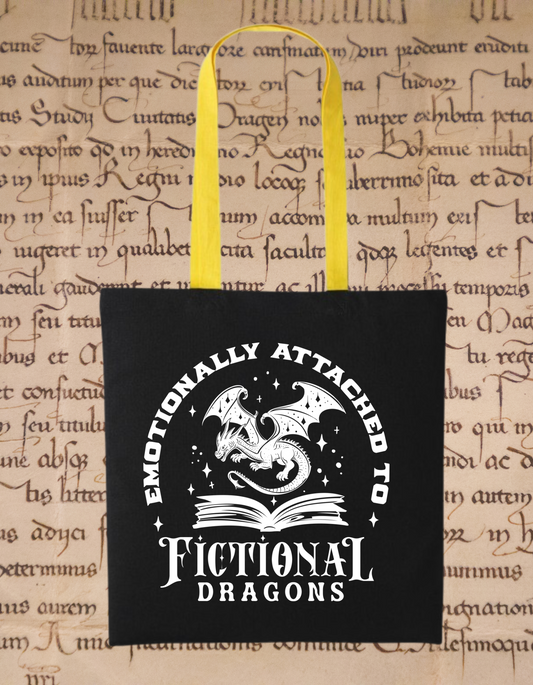 Emotionally Attached to Fictional Dragons Tote Bag – Fantasy Book Lover Gift – Dragon Reading Tote – Eco Book Bag – Cotton Bookish Tote black yellow
