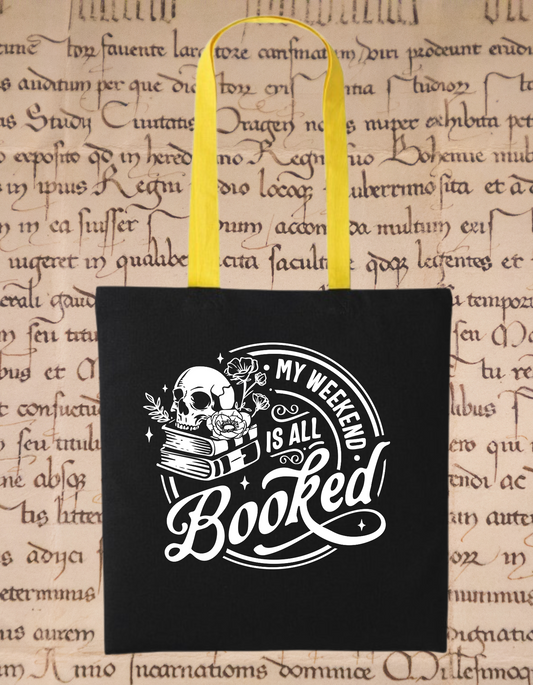 "My Weekend Is All Booked" Tote Bag – Gothic Dark Academia Bookish Skull Floral Tote – Eco-Friendly Cotton Book Lover Gift – Black with Yellow Handles