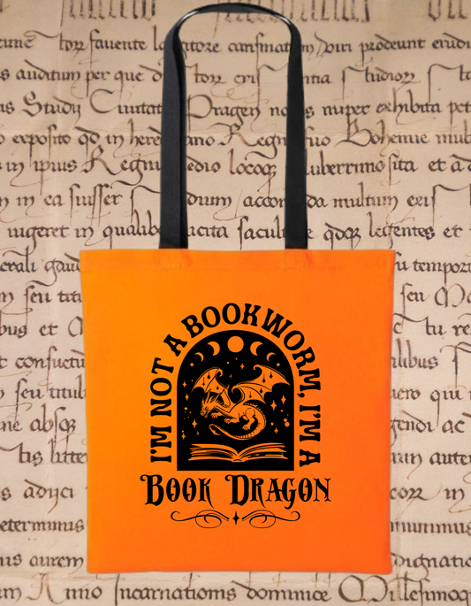 Book Dragon Tote Bag – Gothic Fantasy Tote with Moon Phases | Book Lover Gift | Dragon Book Bag | Witchy Reader Aesthetic Orange/Black