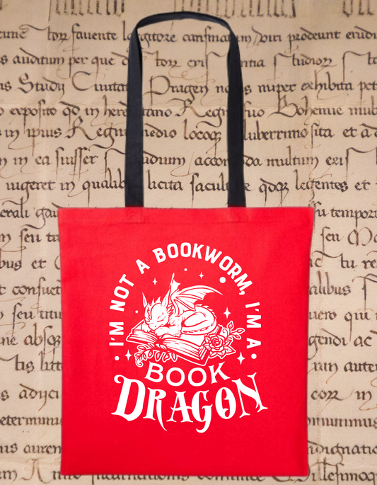 “Book Dragon” Tote Bag – Red & Black Handles | Cute Fantasy Tote for Book Lovers | Dragon Bookish Gift | Reader Humour Bag