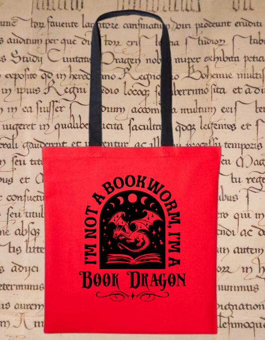 Book Dragon Tote Bag –  Gothic Fantasy Tote with Moon Phases | Book Lover Gift | Dragon Book Bag | Witchy Reader Aesthetic Red/Black