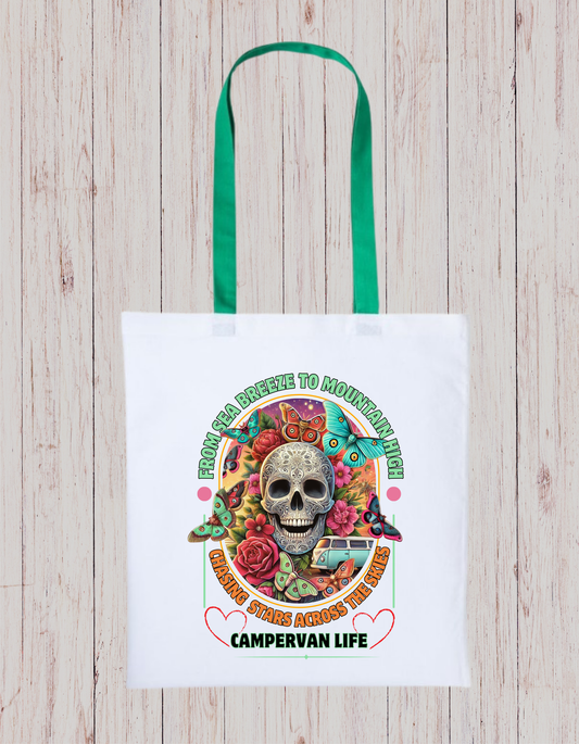 Campervan Life Tote Bag – Gothic Boho Skull & Butterflies Eco Bag – Van life Gift for Travelers – 100% Cotton – Festival Hippie Vibe