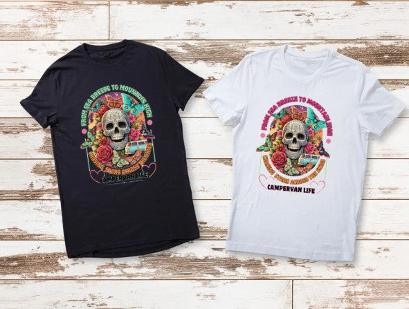 Campervan Life T-Shirt – Gothic Boho Skull & Butterflies T-shirt – Van life T-shirt for Travelers –– Festival Hippie Vibe